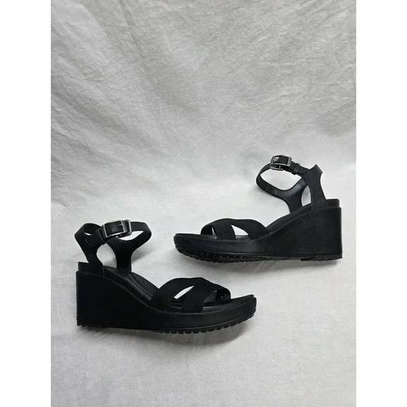 Crocs Leigh II Ankle strap Wedge heel Sandal Black-Size 9 Womens - Picture 2 of 10